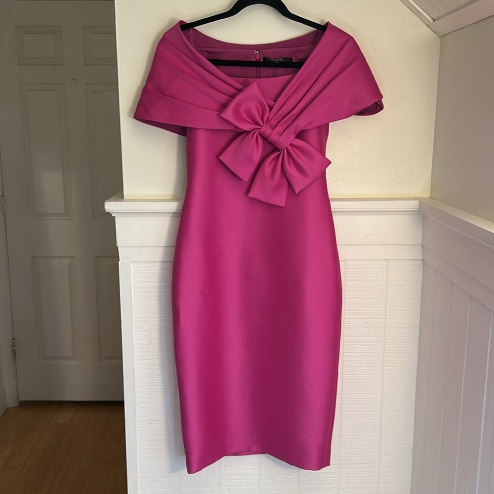 Badgley Mischka Off the Shoulder Bow Front Orchid Dress Women’s 2 - Picture 9 of 14